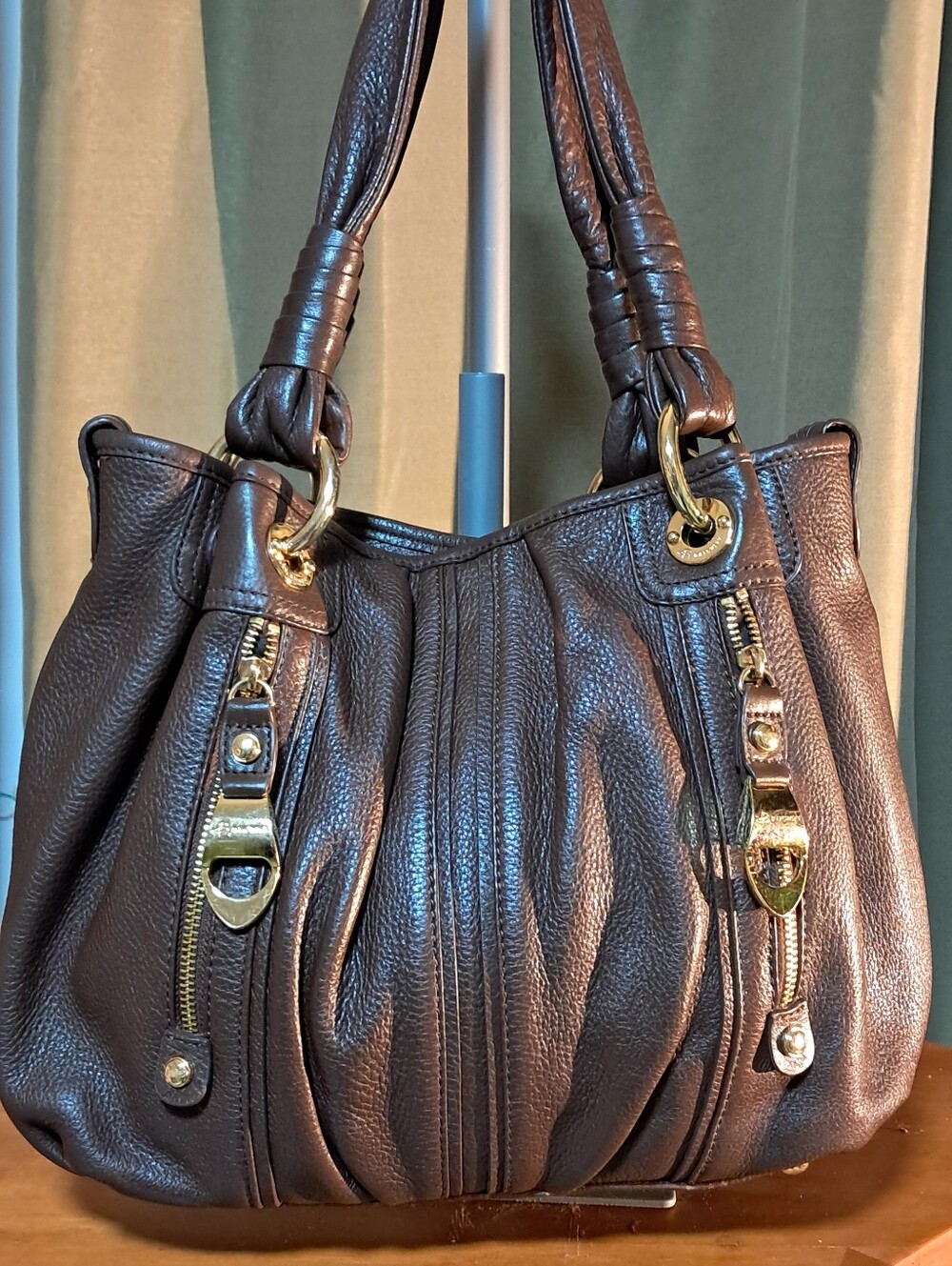 b. makowsky Brown Pebbled Leather Shoulder Bag with Gold Hardware